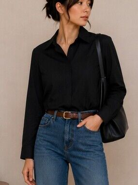 Babaton Black Collared Shirt with Button Detail
